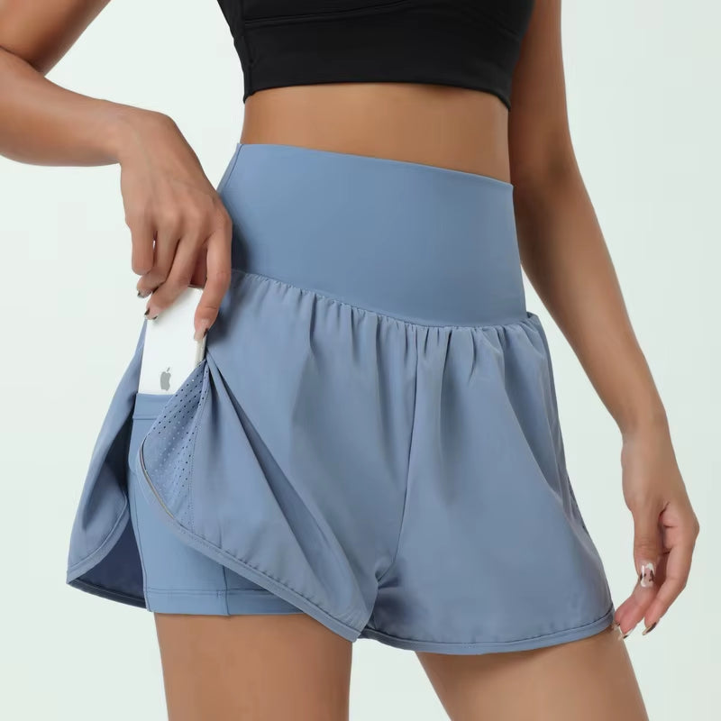 Women High Waist 2 in 1 Running Shorts Solid Color Breathable Quick Dry Pocket Fitness Shorts Female Gym Sportswear Clothes