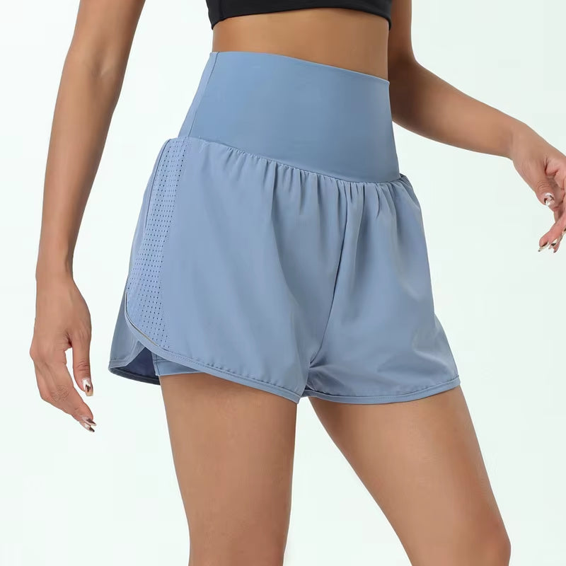 Women High Waist 2 in 1 Running Shorts Solid Color Breathable Quick Dry Pocket Fitness Shorts Female Gym Sportswear Clothes
