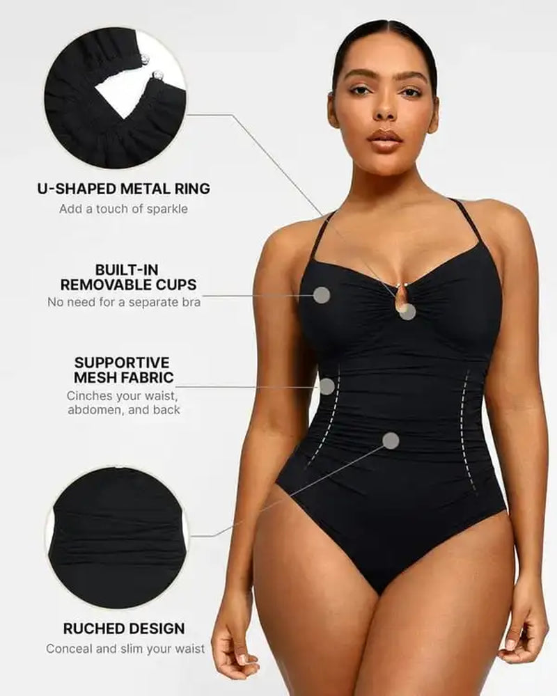 Smart Sculpt U-Ring Cut Out Shaping Swimsuit V-Neck Shiny Women Waist Ruching Backless Beach Resort Comfy One Piece Suits Bikini
