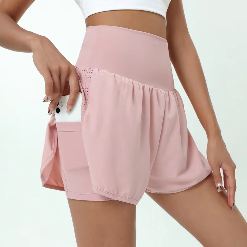 Women High Waist 2 in 1 Running Shorts Solid Color Breathable Quick Dry Pocket Fitness Shorts Female Gym Sportswear Clothes