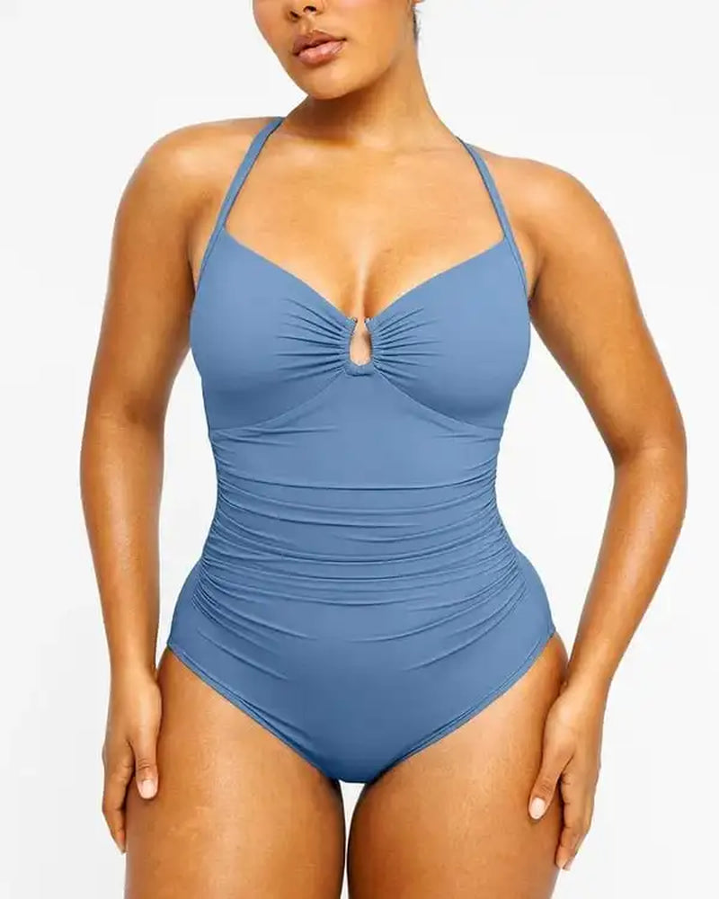 Smart Sculpt U-Ring Cut Out Shaping Swimsuit V-Neck Shiny Women Waist Ruching Backless Beach Resort Comfy One Piece Suits Bikini