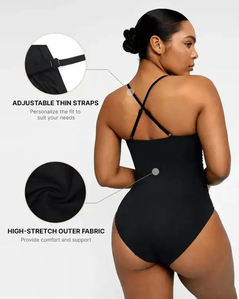 Smart Sculpt U-Ring Cut Out Shaping Swimsuit V-Neck Shiny Women Waist Ruching Backless Beach Resort Comfy One Piece Suits Bikini