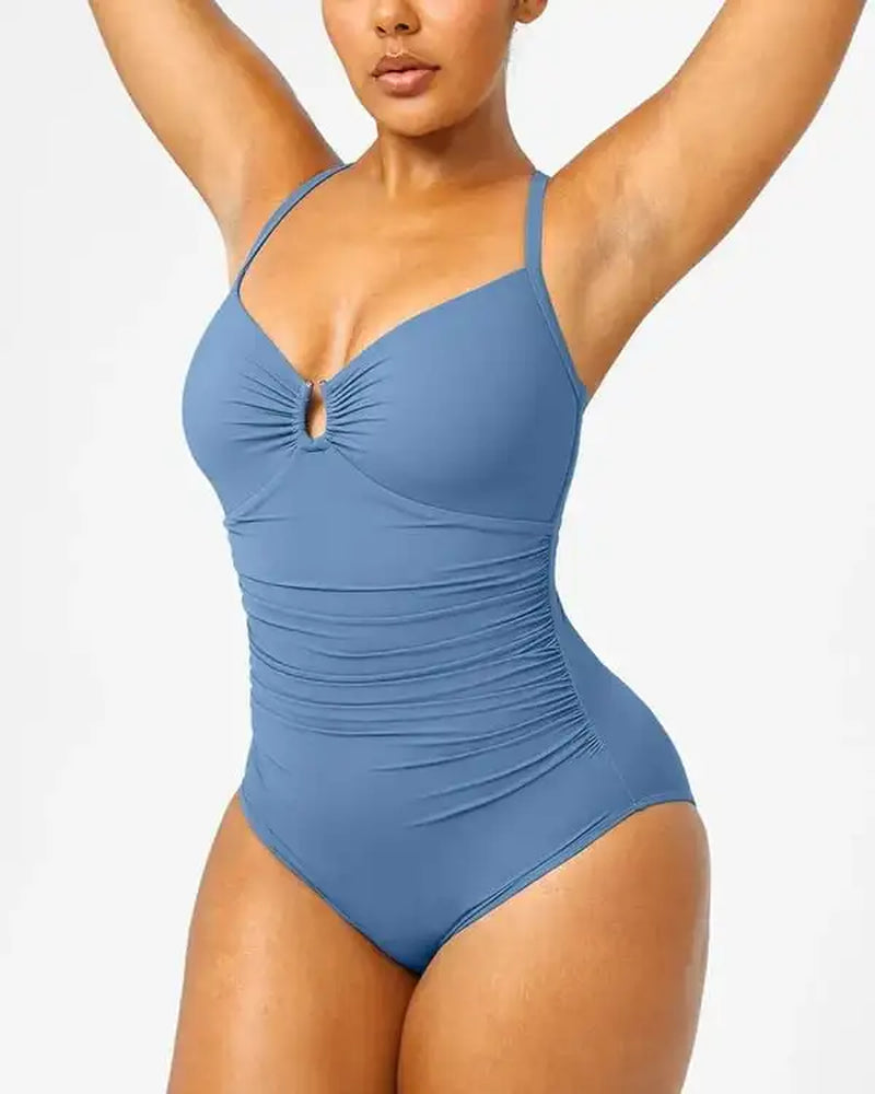 Smart Sculpt U-Ring Cut Out Shaping Swimsuit V-Neck Shiny Women Waist Ruching Backless Beach Resort Comfy One Piece Suits Bikini