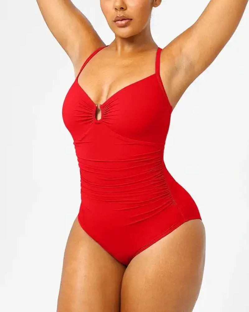 Smart Sculpt U-Ring Cut Out Shaping Swimsuit V-Neck Shiny Women Waist Ruching Backless Beach Resort Comfy One Piece Suits Bikini