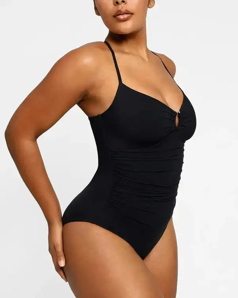 Smart Sculpt U-Ring Cut Out Shaping Swimsuit V-Neck Shiny Women Waist Ruching Backless Beach Resort Comfy One Piece Suits Bikini