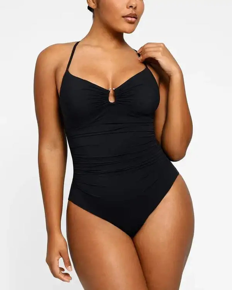 Smart Sculpt U-Ring Cut Out Shaping Swimsuit V-Neck Shiny Women Waist Ruching Backless Beach Resort Comfy One Piece Suits Bikini