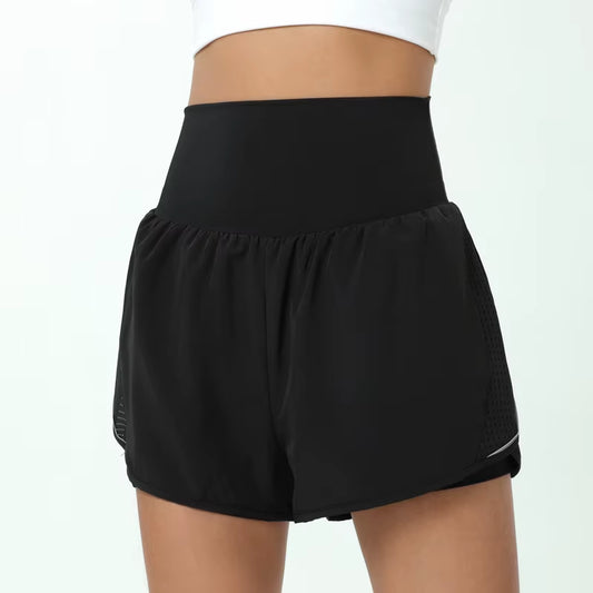 Women High Waist 2 in 1 Running Shorts Solid Color Breathable Quick Dry Pocket Fitness Shorts Female Gym Sportswear Clothes